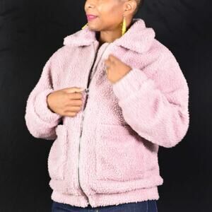 Elodie Teddy Jacket Pink Faux Shearling Pastel Zip Front Fuzzy Sherpa Size Small